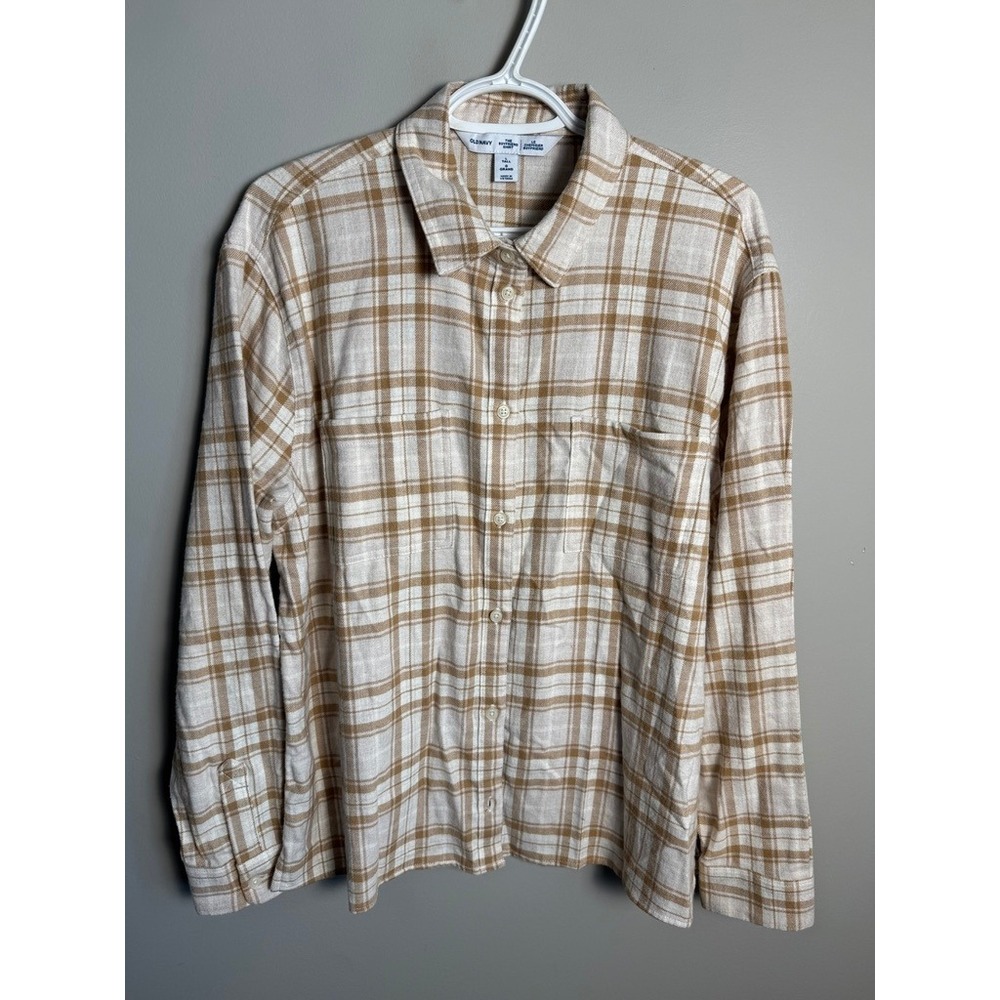 Old Navy Womens Cream Plaid The Boyfriend Shirt L Tall Flannel Casual Classic